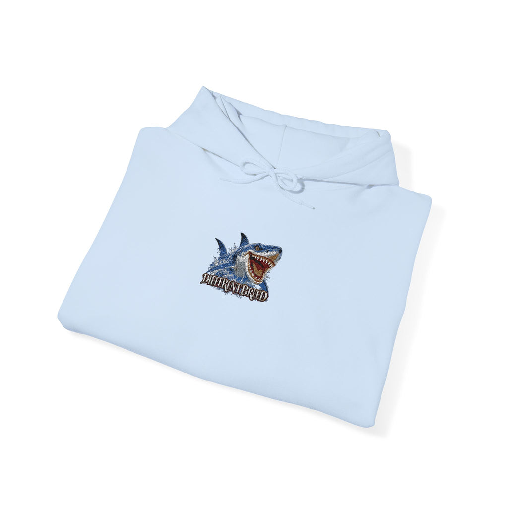 Shark Bite Graphic Hoodie — Small Chest Shark Illustration Sweatshirt