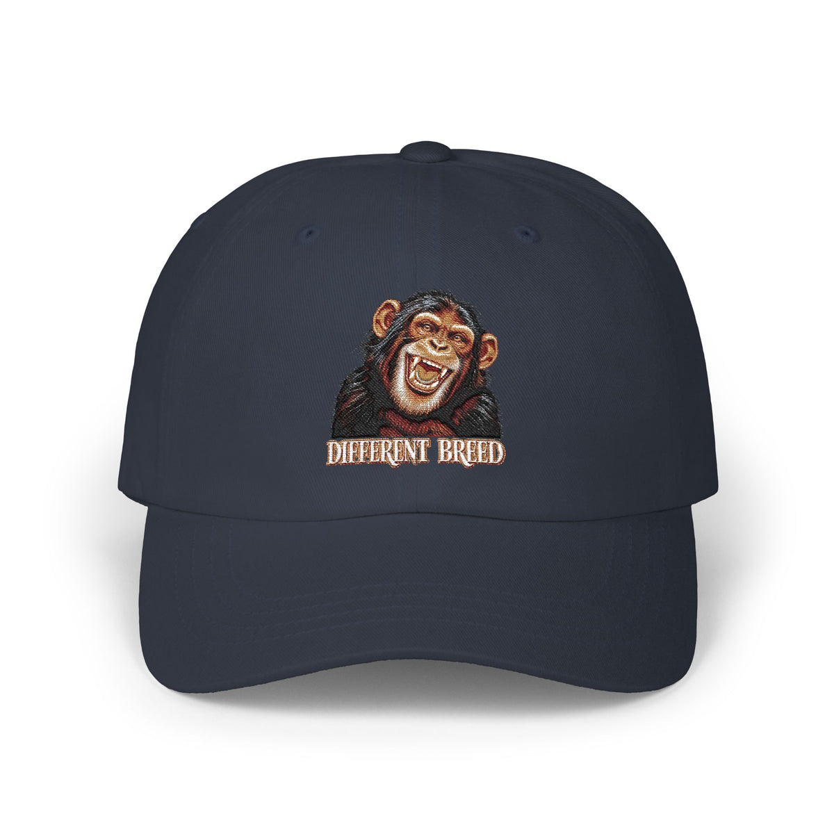 Embroidered Grinning Chimp Dad Cap — Humorous Animal Baseball Hat