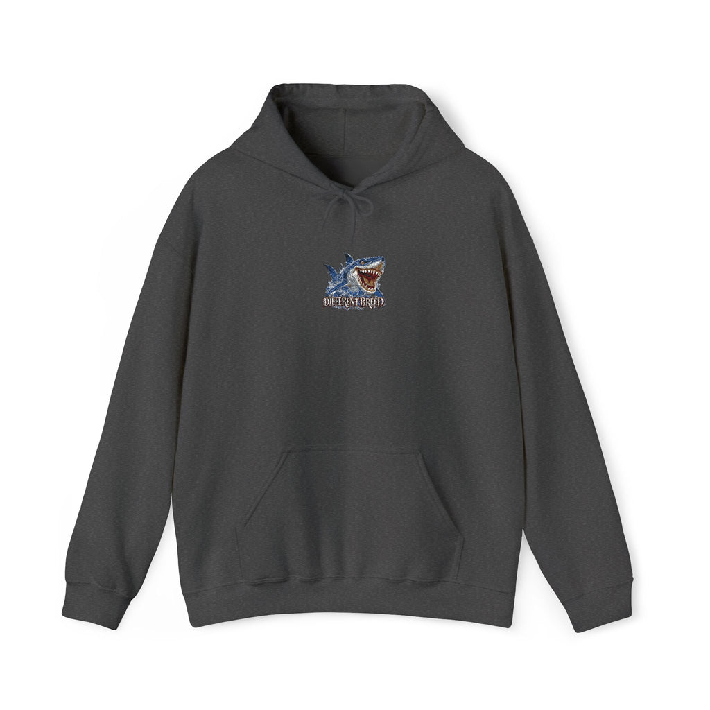 Shark Bite Graphic Hoodie — Small Chest Shark Illustration Sweatshirt