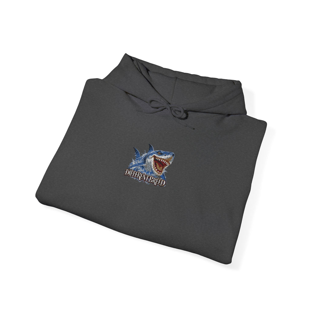 Shark Bite Graphic Hoodie — Small Chest Shark Illustration Sweatshirt