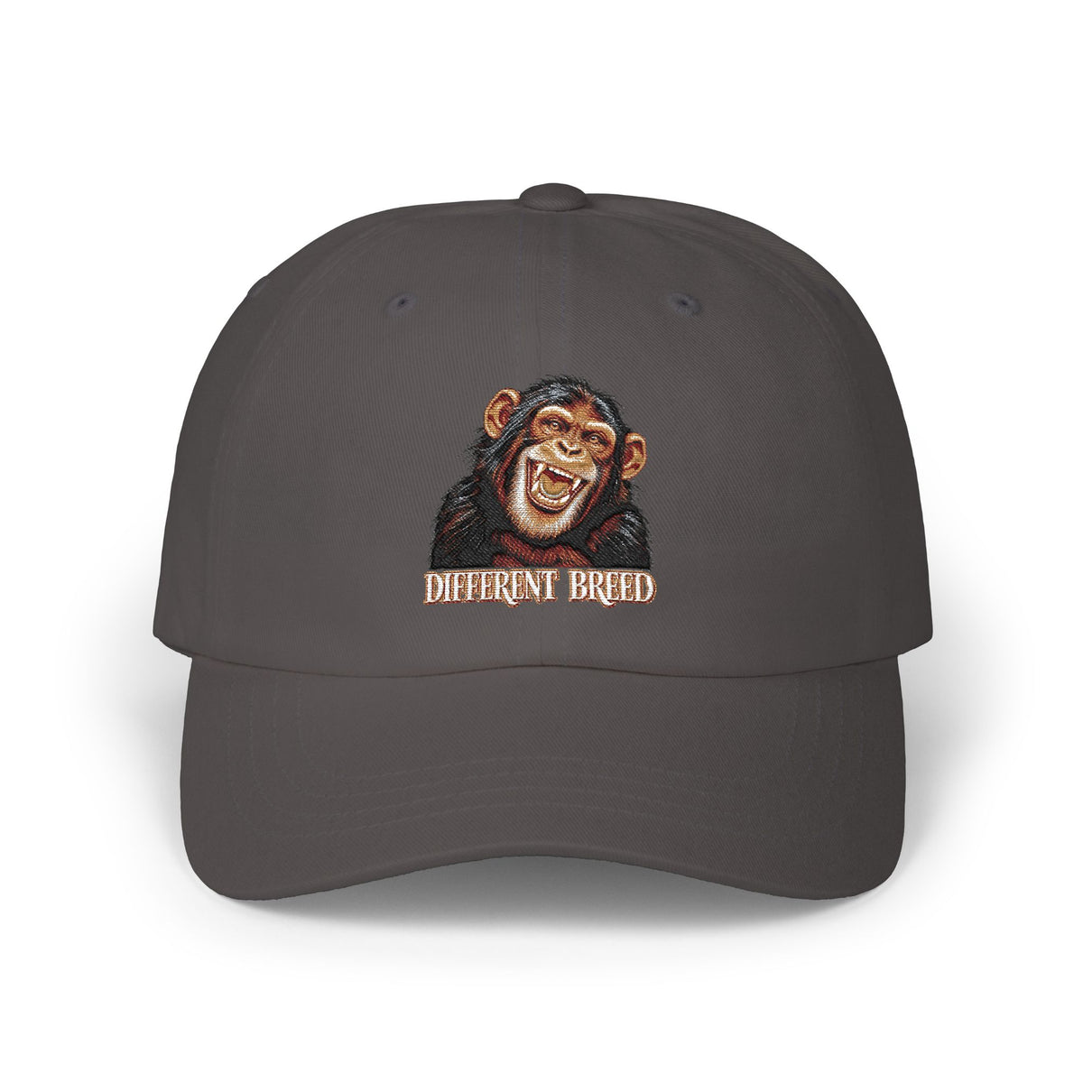 Embroidered Grinning Chimp Dad Cap — Humorous Animal Baseball Hat