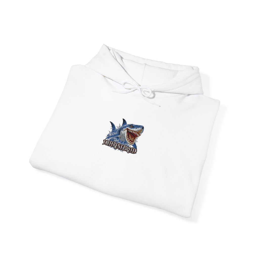 Shark Bite Graphic Hoodie — Small Chest Shark Illustration Sweatshirt